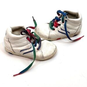 Vintage 90s Jumping Jacks Shoe 6.5 White Leather High Top Rainbow Streetwear